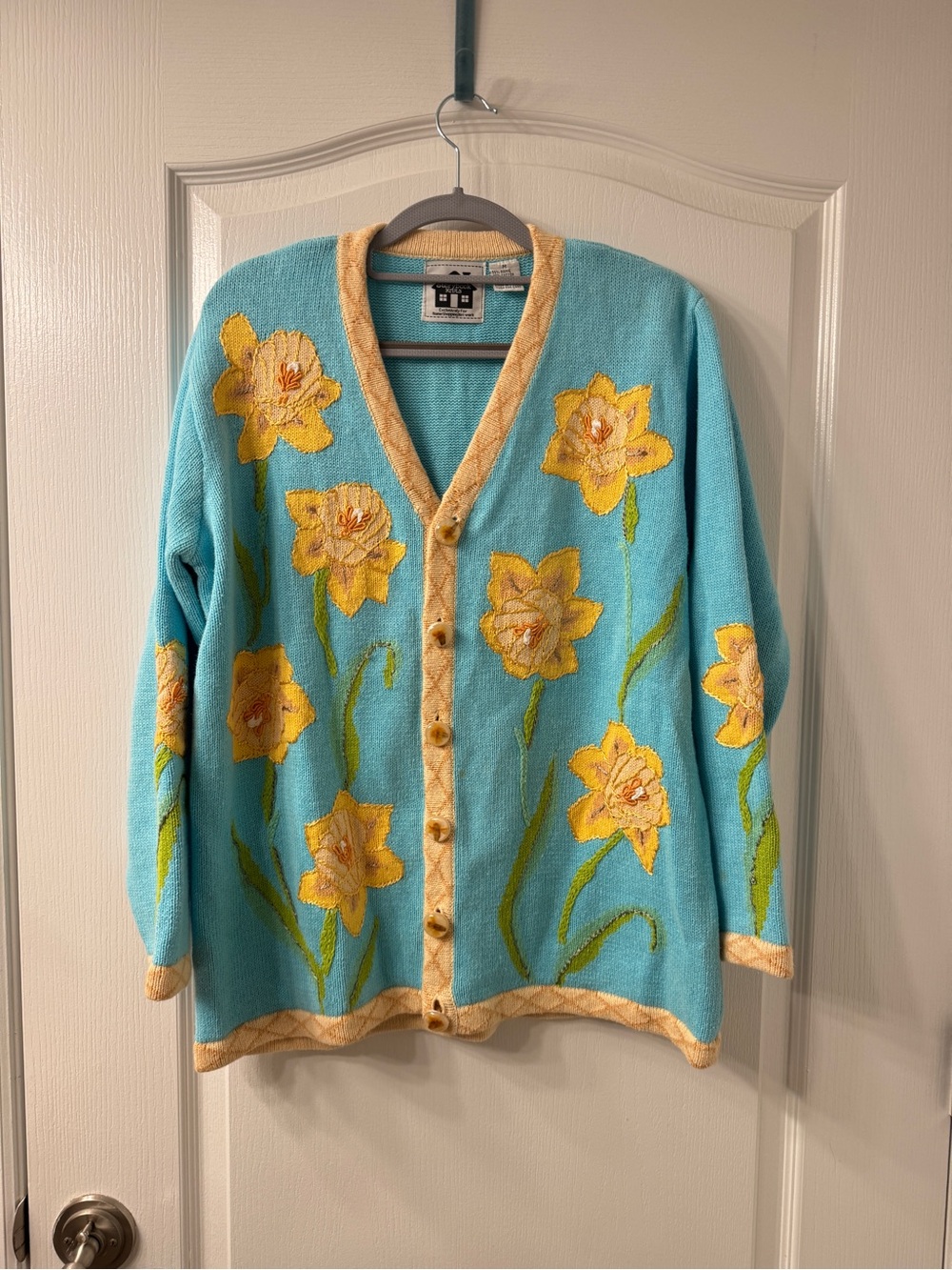 Storybook Knits Daffodil Embroidery Cardigan with pressed floral resin buttons